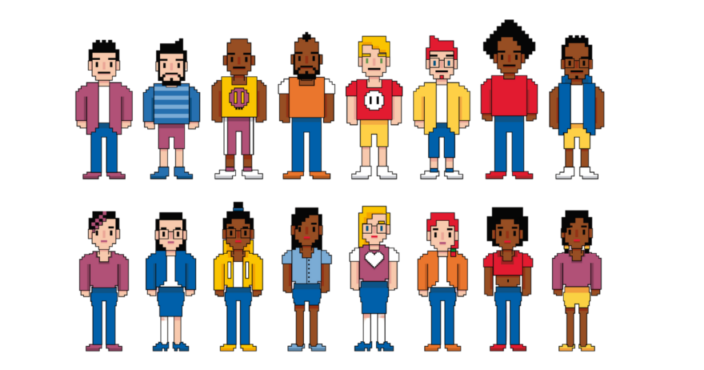 Vibrant pixel art characters showcasing diversity, friendship, and modern youthful style.