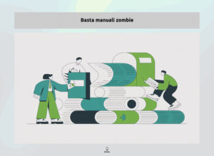 Illustrazione sull’apprendimento moderno con persone e libri colorati, contro i metodi tradizionali.
