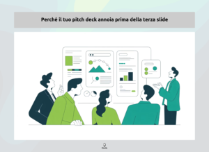 Team professionale durante una presentazione aziendale con pitch deck e grafici interattivi.