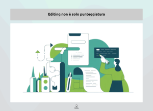 Illustrazione moderna sul processo di editing e revisione testi professionale in stile creativo.