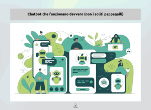 Illustrazione di chatbot efficaci e intelligenti con persone che interagiscono con assistenti virtuali.