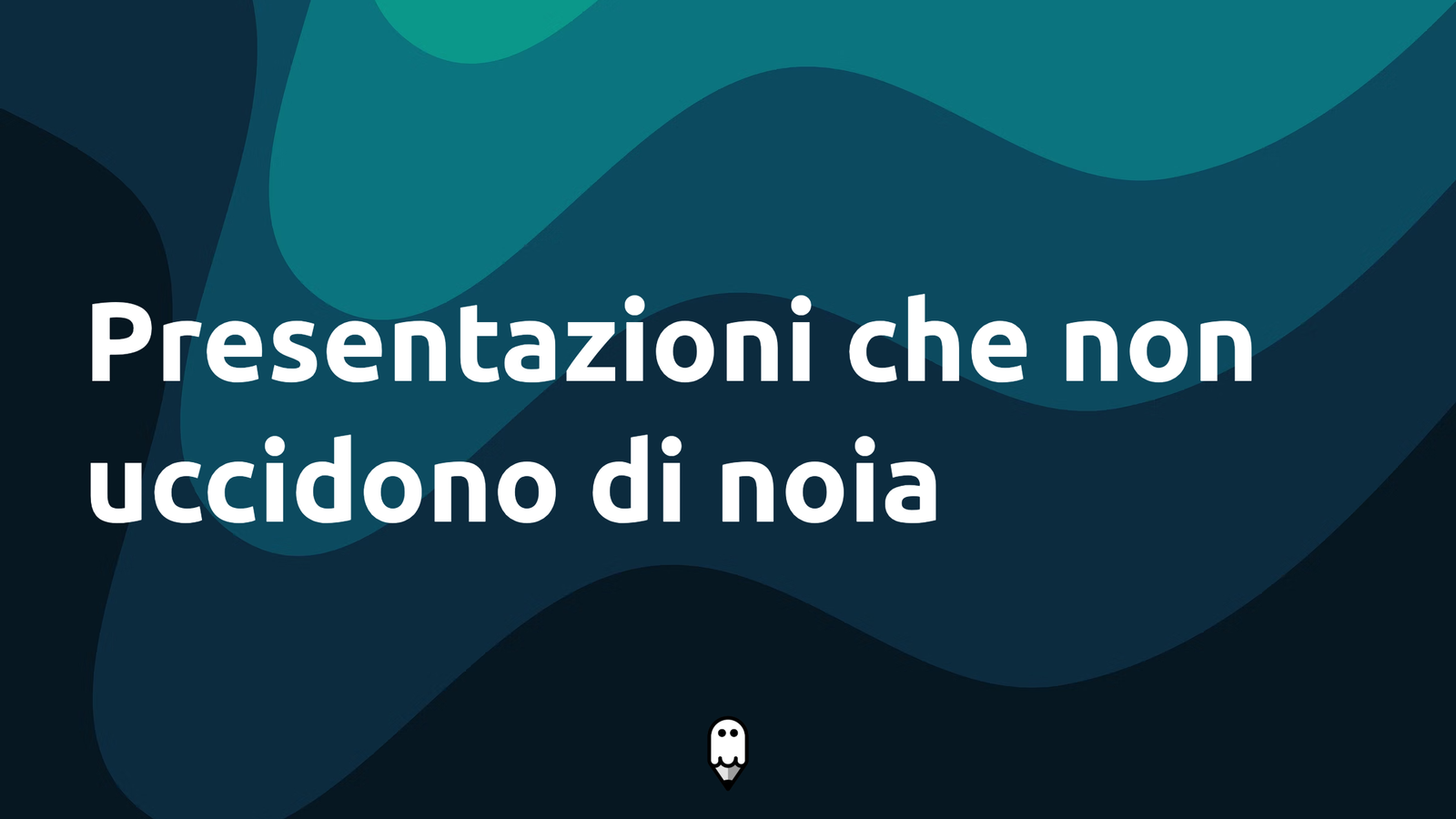 Creative blue-green abstract background with Italian text about engaging, boredom-free presentations.