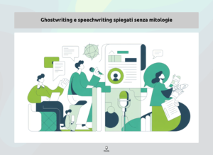 Illustrazione moderna su ghostwriting e speechwriting con scrittori e oratori al lavoro.