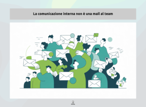 Comunicazione interna del team con persone che collaborano e scambiano messaggi illustrata in stile moderno.